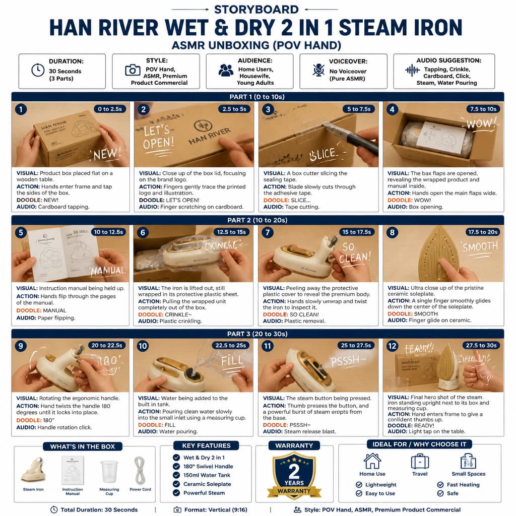 The 12-panel ASMR unboxing storyboard infographic this prompt produces: 3 PART blocks, a scene image in every panel, timestamps, and VISUAL/ACTION/DOODLE/AUDIO lines