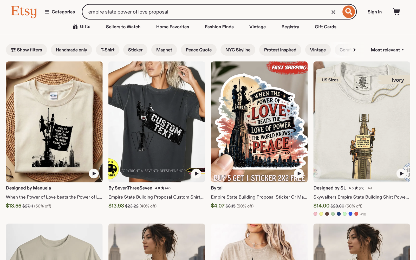 Etsy search results for the Empire State event: the page is packed and nearly every listing is discounted just five days in