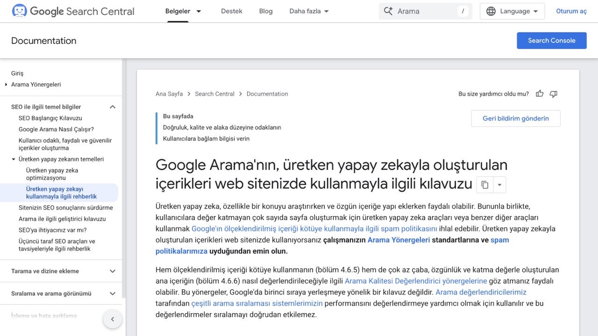 Google Arama Merkezi'nin üretken yapay zeka ile oluşturulan içerikler için doğruluk, kalite ve alaka vurgusu