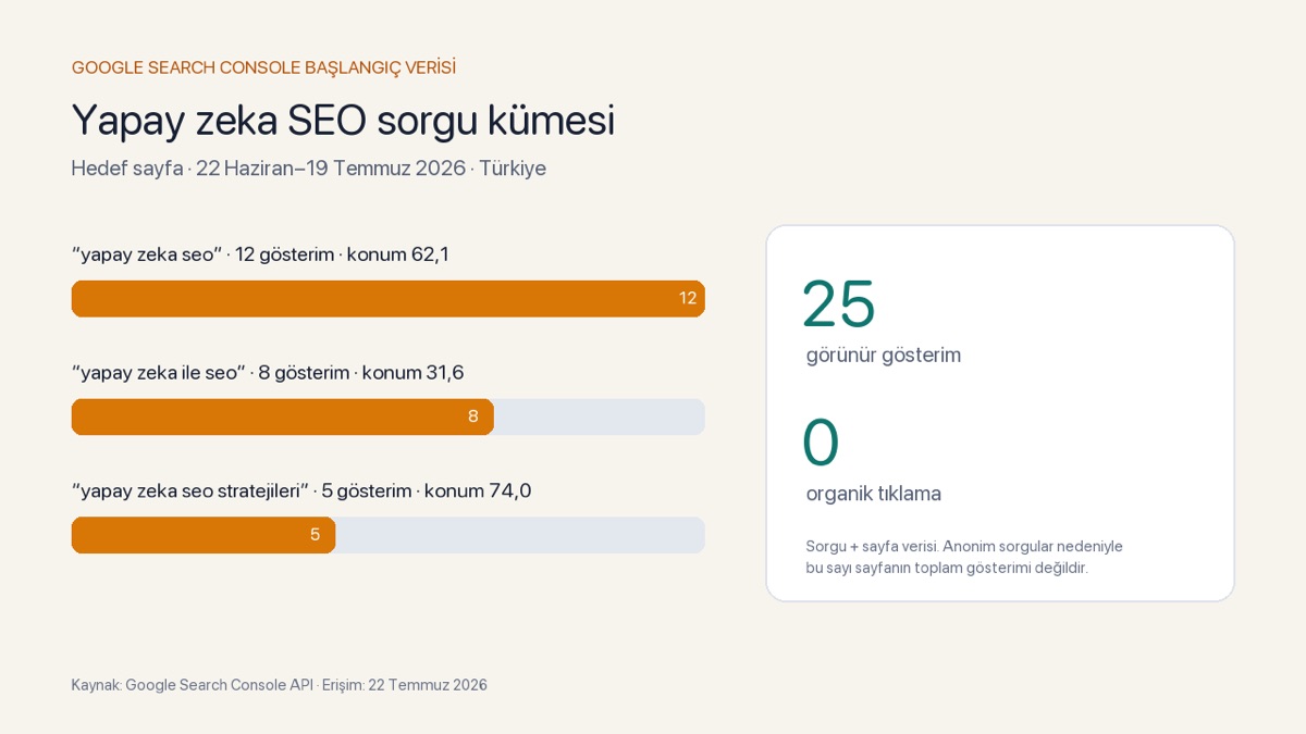 Yapay zeka SEO sorgu kümesinin Search Console başlangıç verisi: 25 görünür gösterim ve 0 organik tıklama