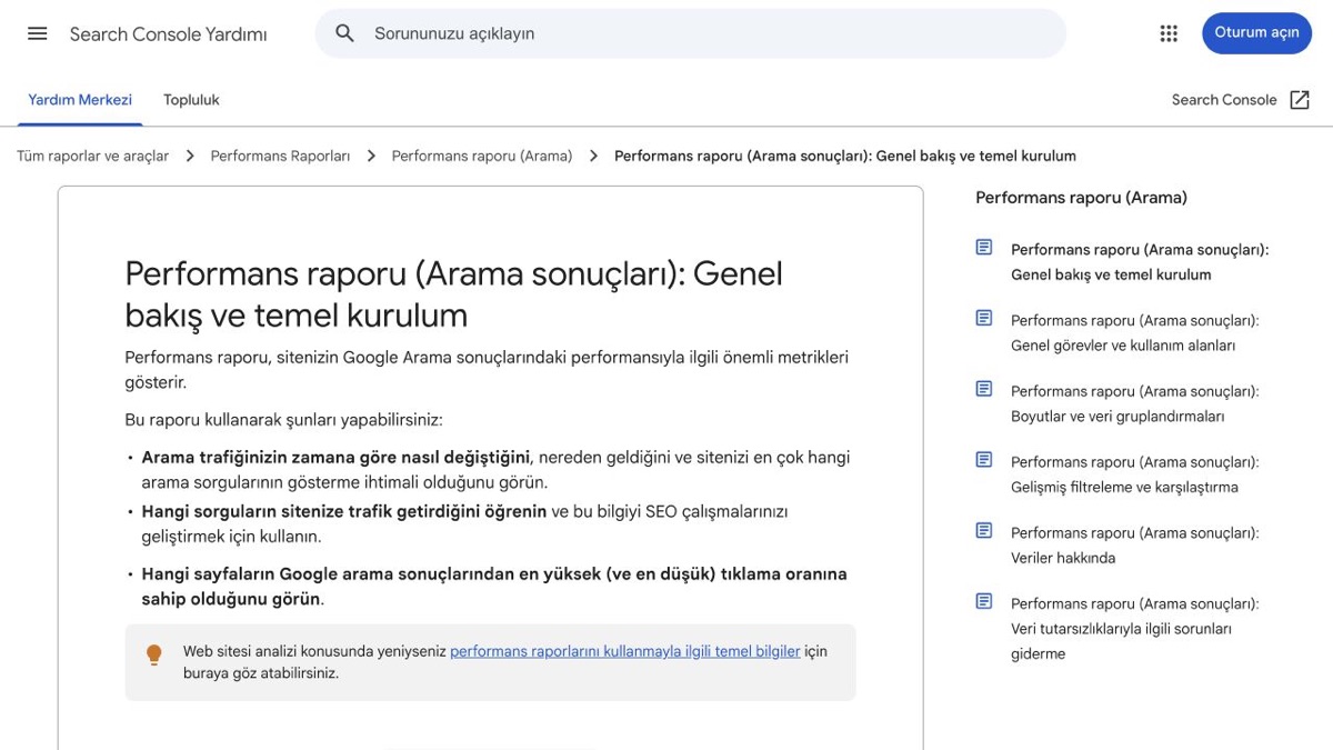 Google Search Console Performans raporunda sorgu, sayfa, tıklama ve gösterim ölçümlerinin anlatıldığı resmi yardım ekranı