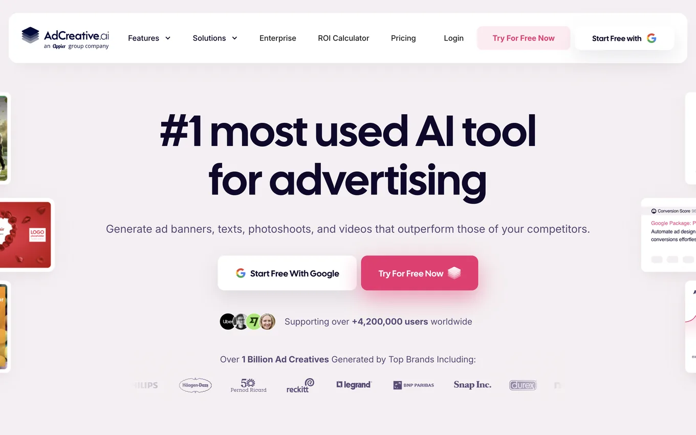 AdCreative.ai homepage: ad image, copy, and video generation positioning, with sample score cards visible on the page