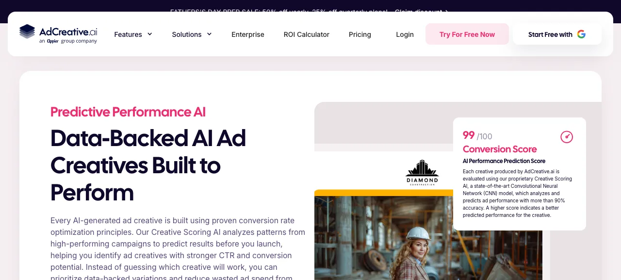 AdCreative.ai Conversion Score panel: a visual with a 99/100 score alongside the "AI Performance Prediction Score" explanation
