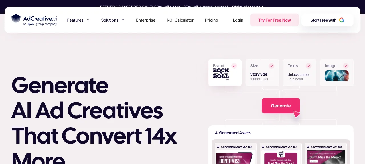 AdCreative.ai generation flow: the Brand, Size, Texts, and Image steps confirmed, with the "Generate" button starting variant generation
