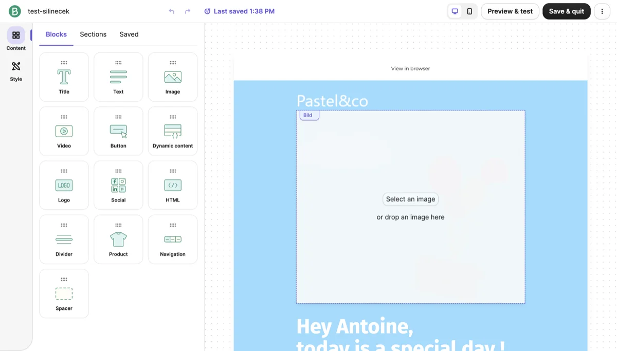 Brevo's drag-and-drop email campaign editor, with block-based design tools