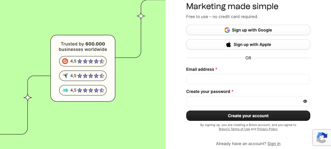 Brevo sign-up page: Google and Apple sign-up options, email and password fields, "Create your account" button at the bottom