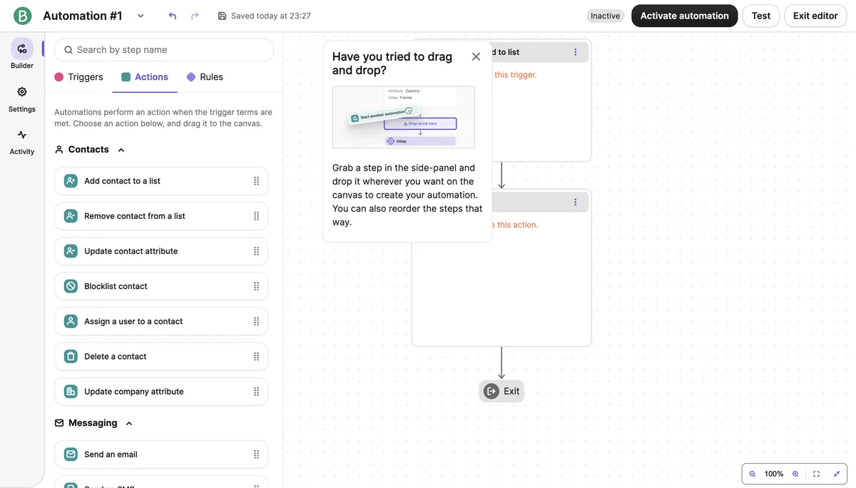 Brevo automation editor: step palette on the left, flow from trigger to action on the canvas