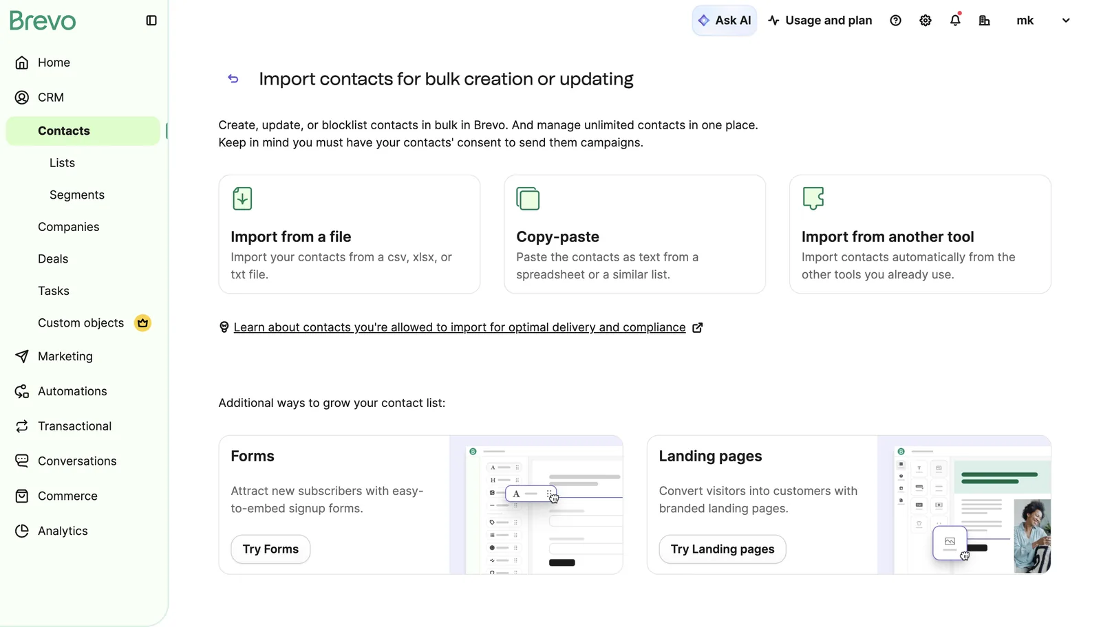 Brevo contact import screen: import from file (CSV, XLSX, TXT), copy-paste, and import from another tool options