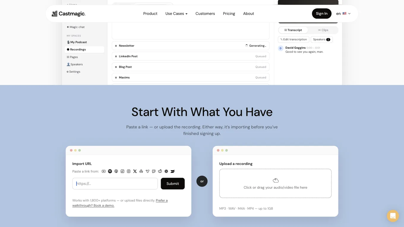 Castmagic processing queue with outputs such as Newsletter, LinkedIn Post, and Blog Post
