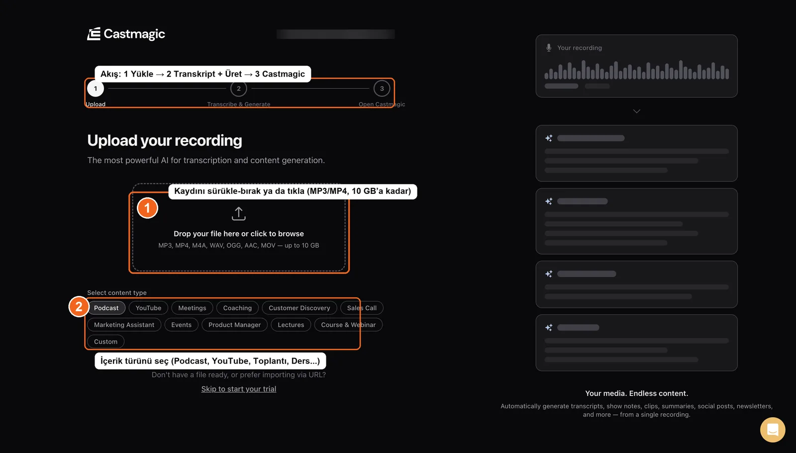 Castmagic upload screen showing upload, transcript and generation, and open Castmagic steps
