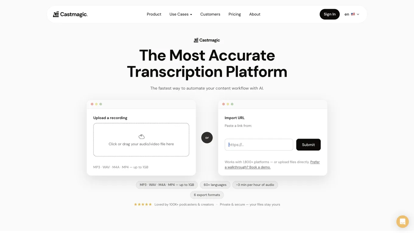 Castmagic transcription page showing recording upload, URL import, and support for more than 60 languages