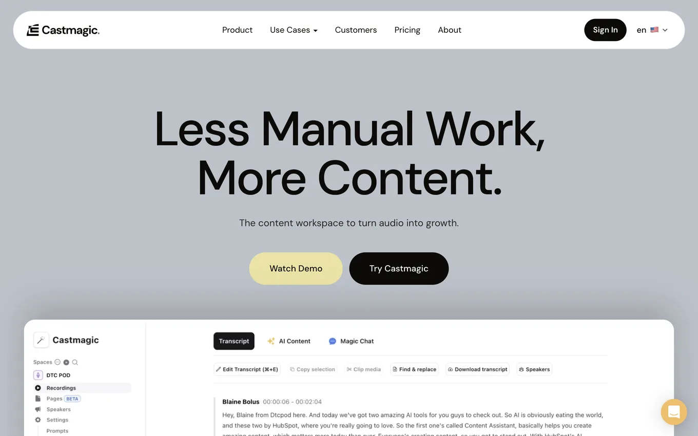 Castmagic product page showing the import, transcript, AI content, and publishing workflow