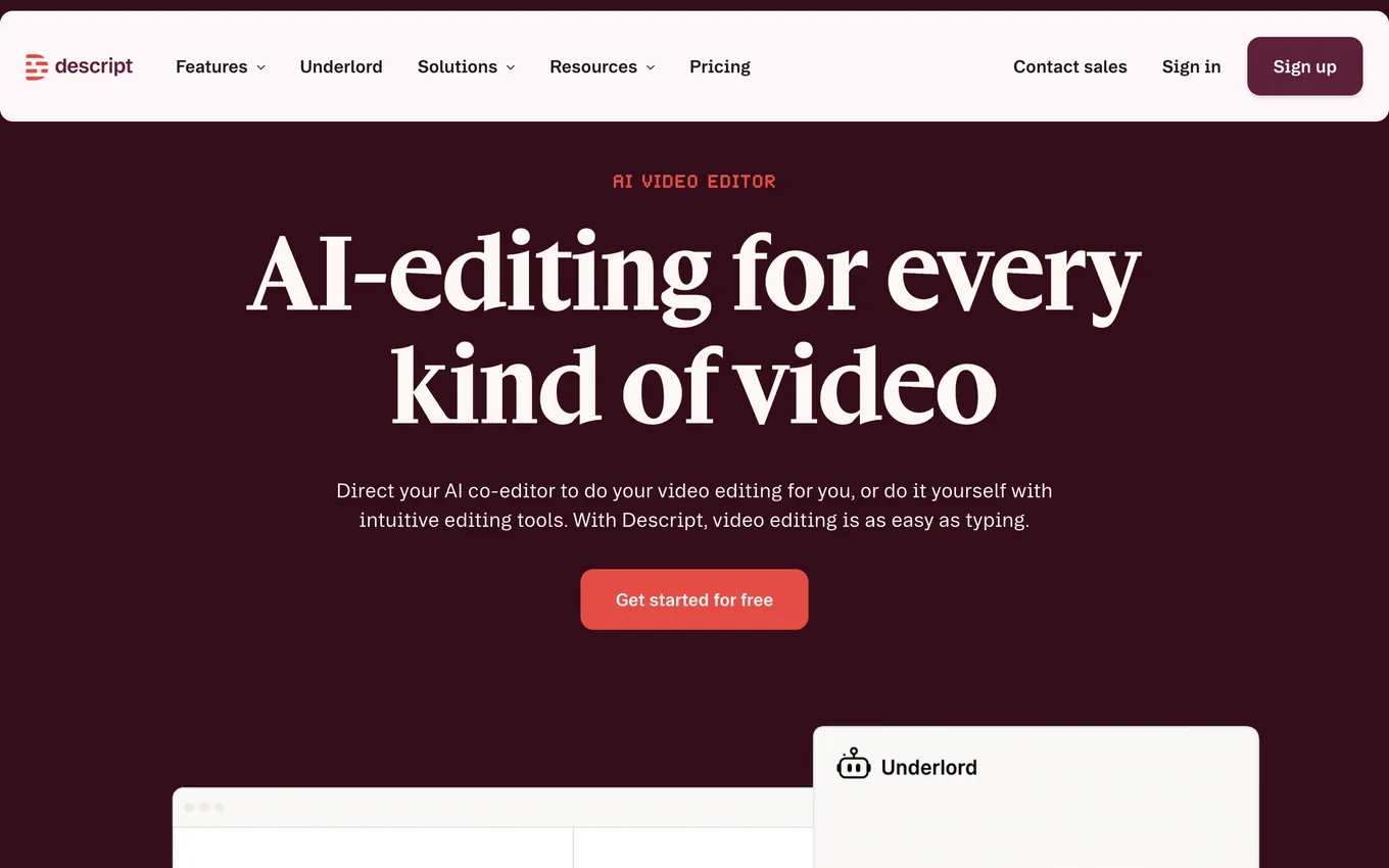Descript homepage: positioning text-based video editing