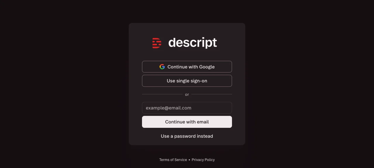 Descript signup/login screen: continue with Google button, email field, and continue with email option