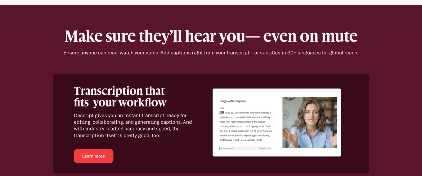 Descript's transcript-and-video panel shown side by side, illustrating the text source captions are generated from
