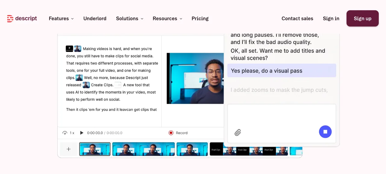 Descript editor: transcript text with speaker icons on the left, playback/recording bar and clip previews at the bottom, Underlord AI chat panel on the right