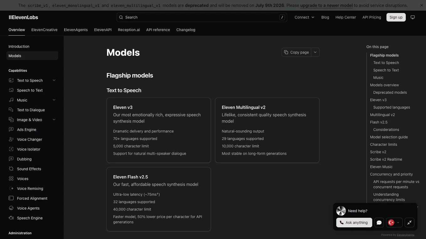 ElevenLabs documentation comparing current model language support