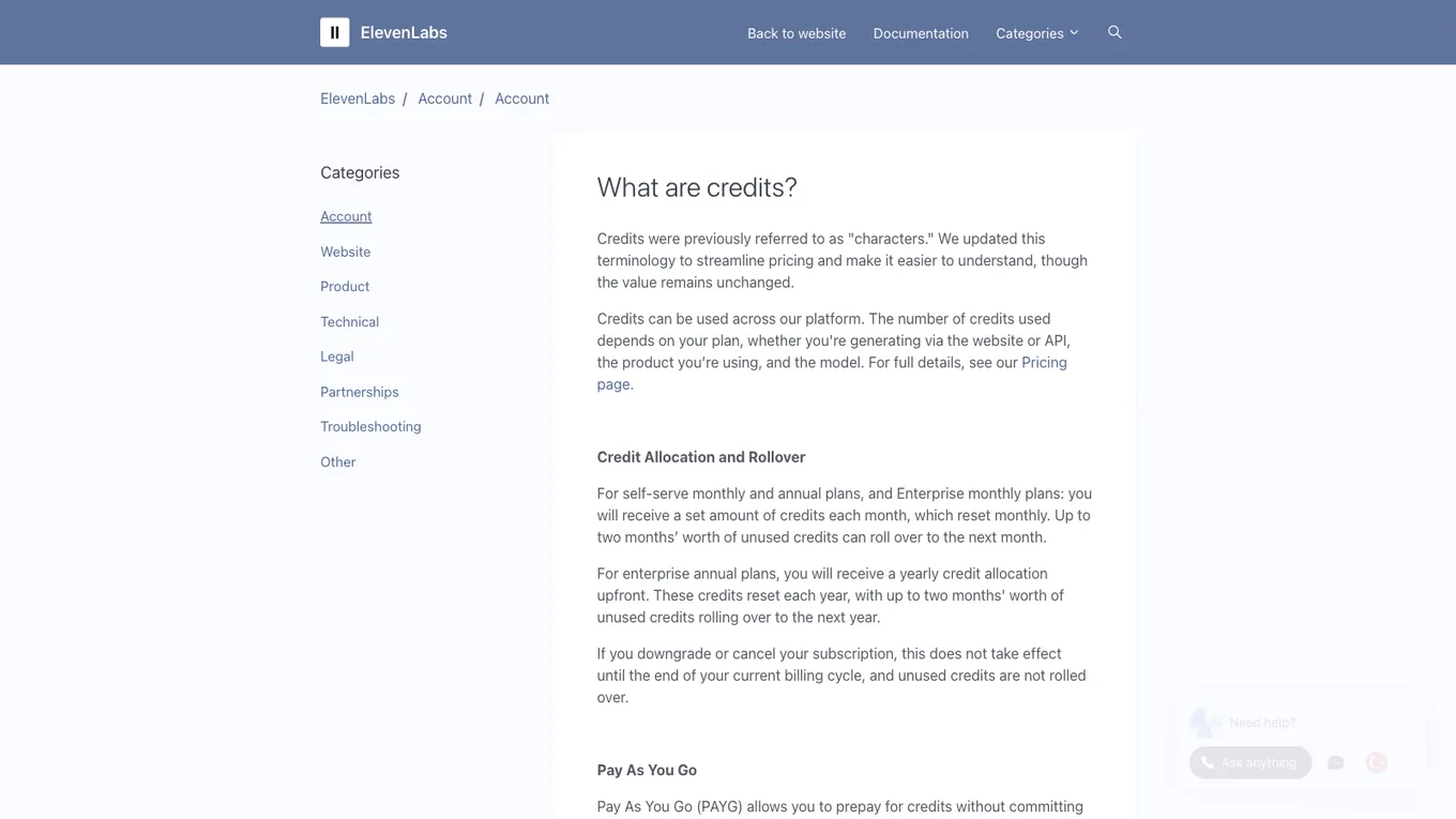 ElevenLabs Help Center article explaining credits