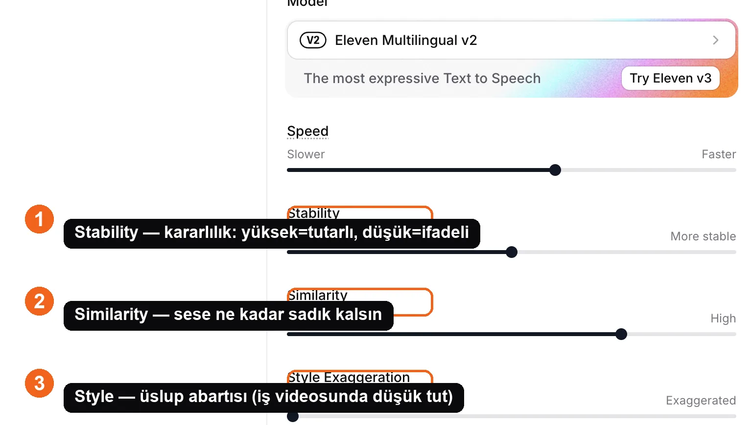 ElevenLabs settings with Stability, Similarity, and Style controls