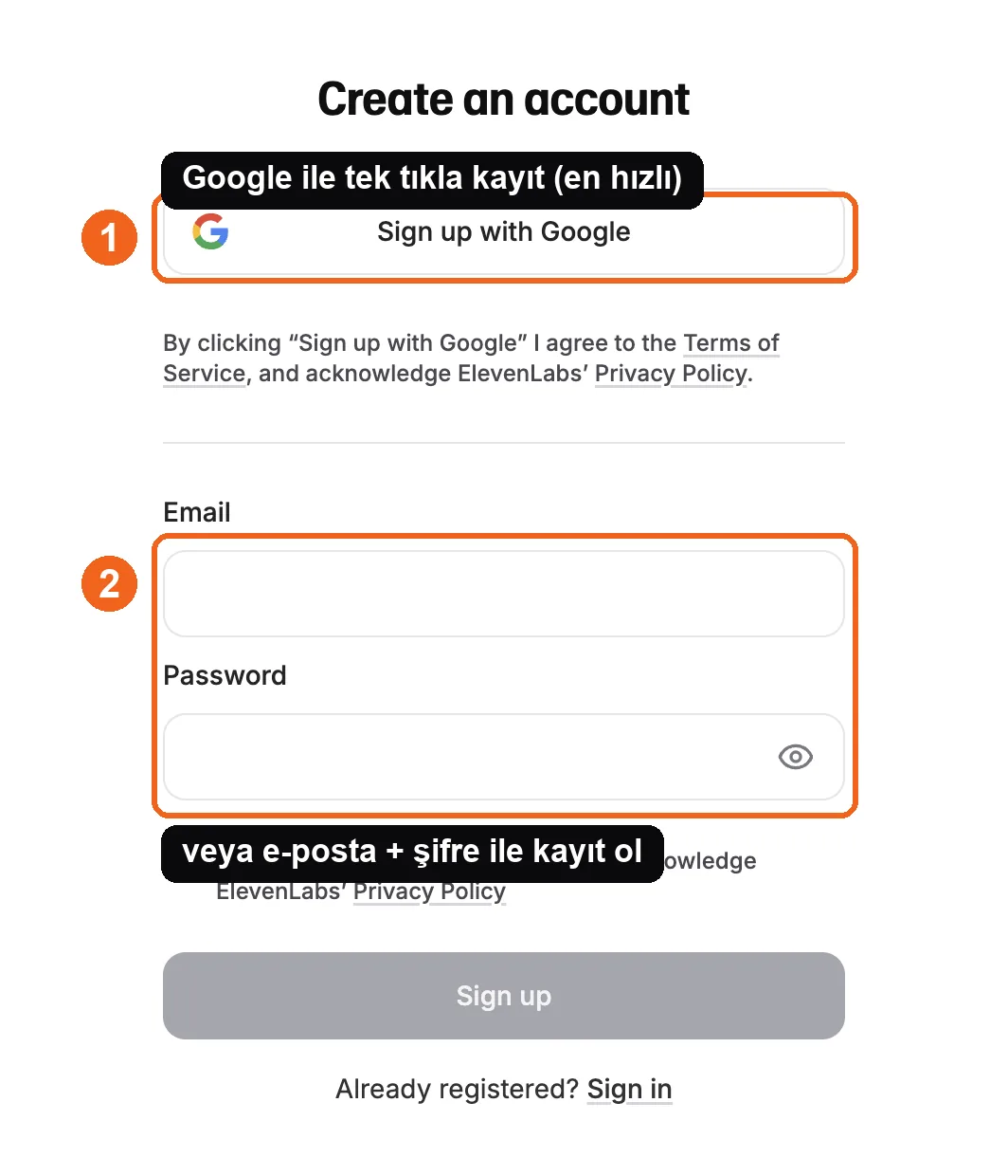 ElevenLabs signup screen with Google and email options