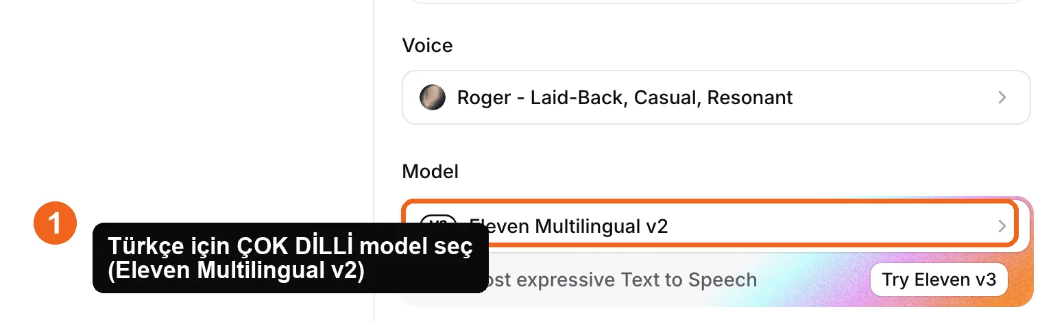 ElevenLabs model selector with a multilingual model selected
