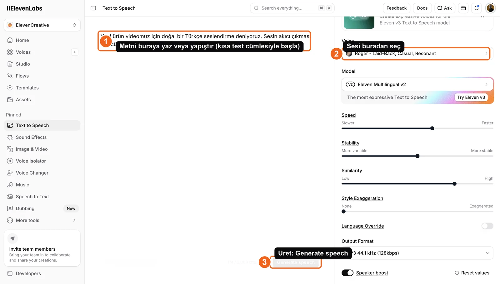 ElevenLabs Text to Speech interface with script, voice, model, and Generate speech controls