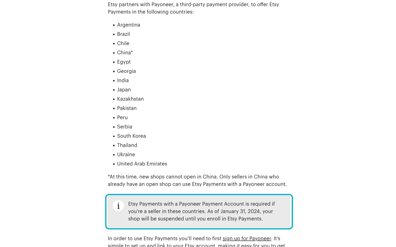 Etsy Help article explaining the countries that use Payoneer with Etsy Payments