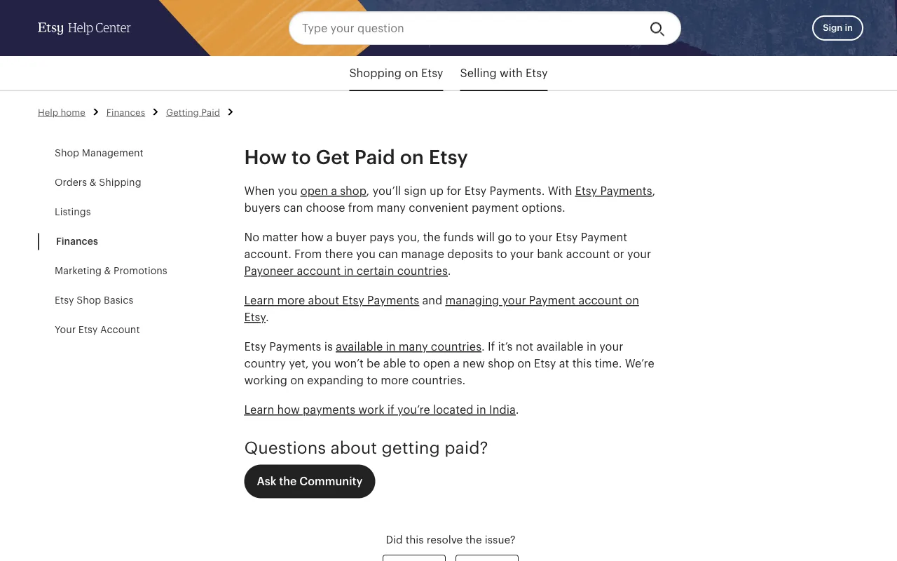 Etsy Help article explaining the Etsy payment account and bank deposit flow