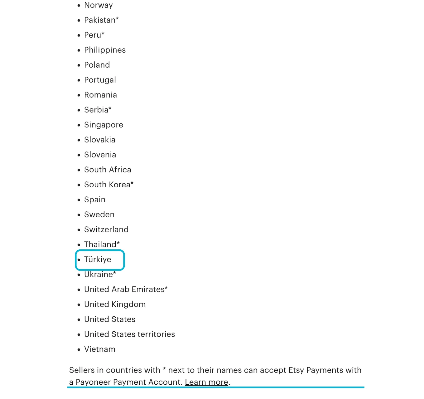 Etsy Help Center country list and its explanation of the Payoneer marker