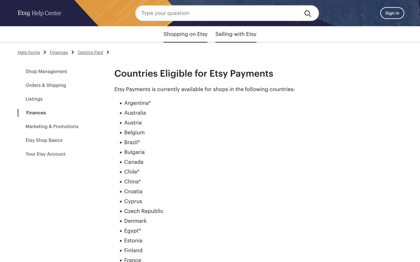 Etsy Help Center page titled Countries Eligible for Etsy Payments