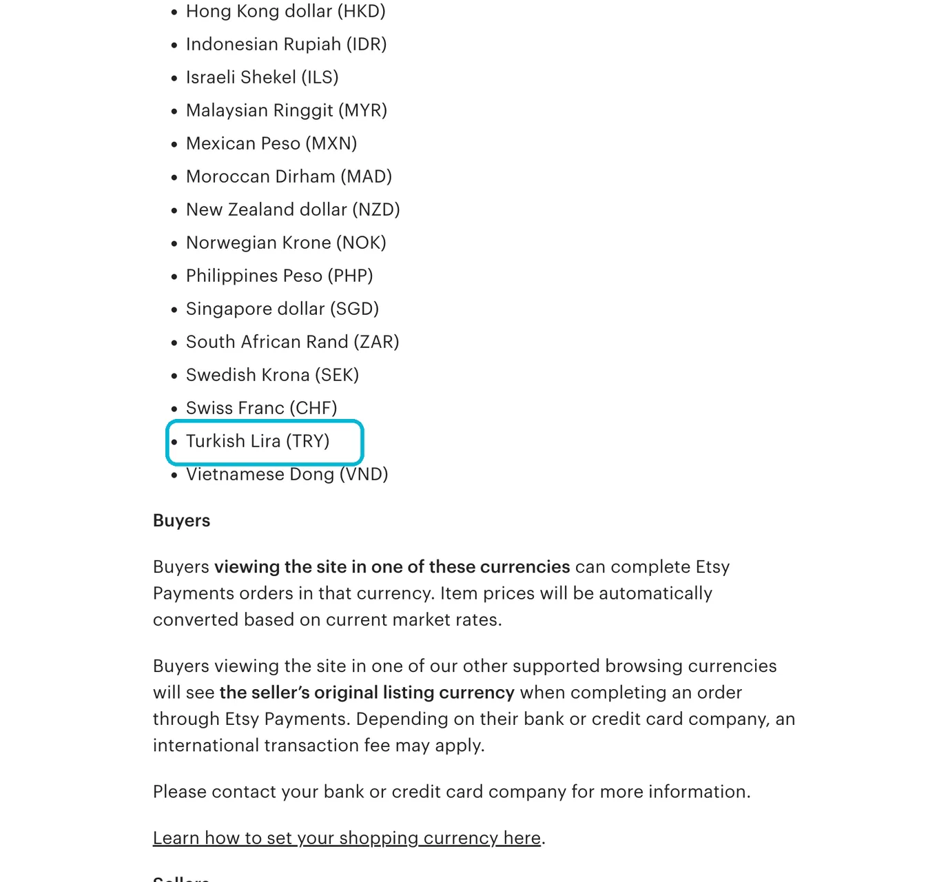 Etsy Help page listing currencies supported for Etsy Payments
