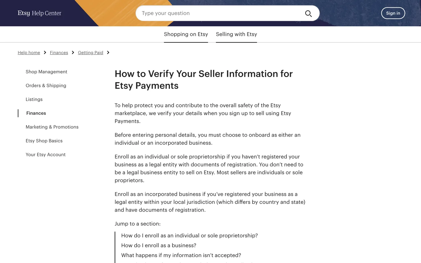 Etsy Help article about verifying seller information for Etsy Payments