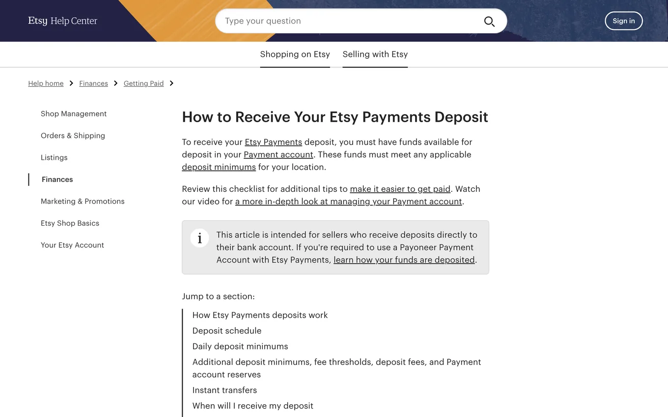 Etsy Help article about receiving Etsy Payments deposits and choosing a schedule