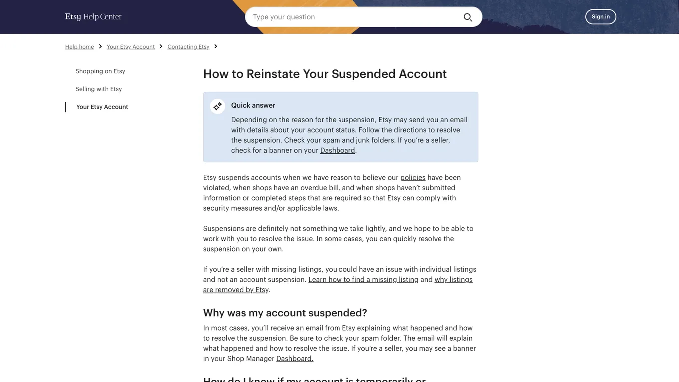 Etsy Help article about reinstating a suspended account