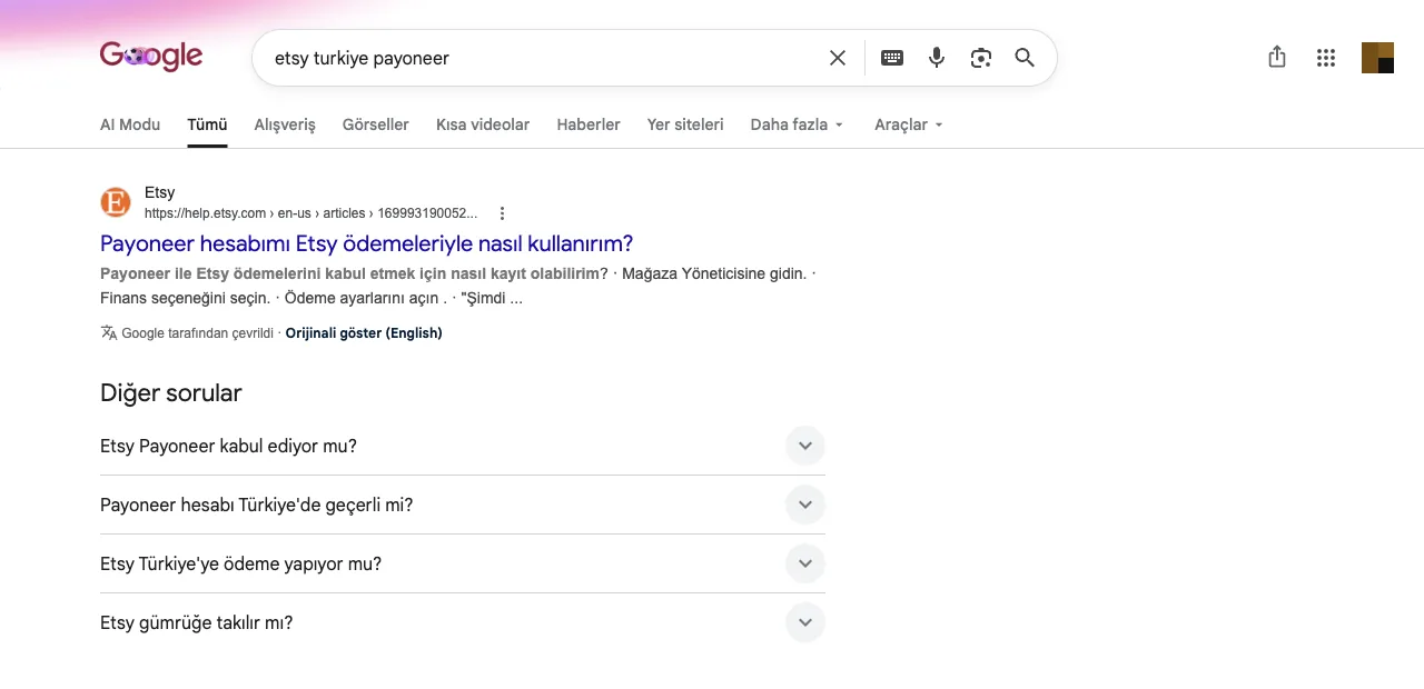 Google'da "etsy turkiye payoneer" araması: öne çıkan sonuçlar ve "Diğer sorular" kutuları hâlâ Payoneer sorularıyla dolu
