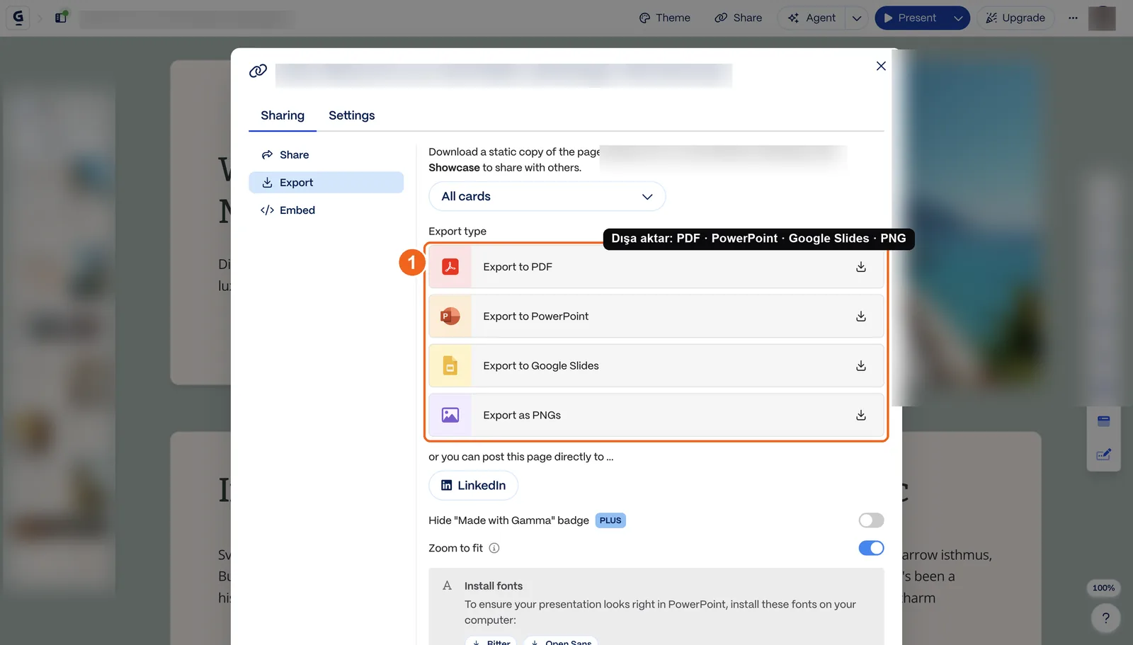 Gamma's export menu: download options listed for PDF, PowerPoint, Google Slides, and PNG (marked)