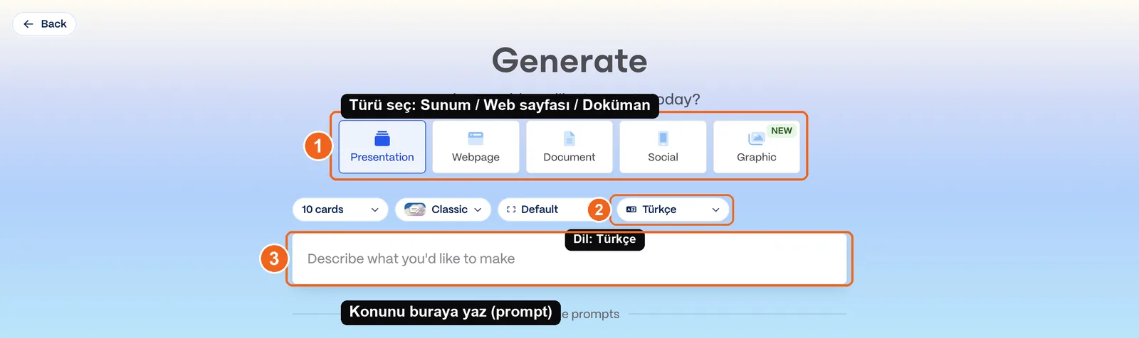 Gamma's creation screen: format selection (Presentation, Web Page, Document) at the top, card count and language settings below, and the prompt box for your topic at the bottom (steps marked)