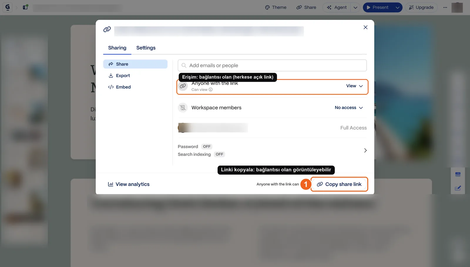 Gamma's share menu: access is set to "anyone with the link can view," with "Copy share link" below it (marked)