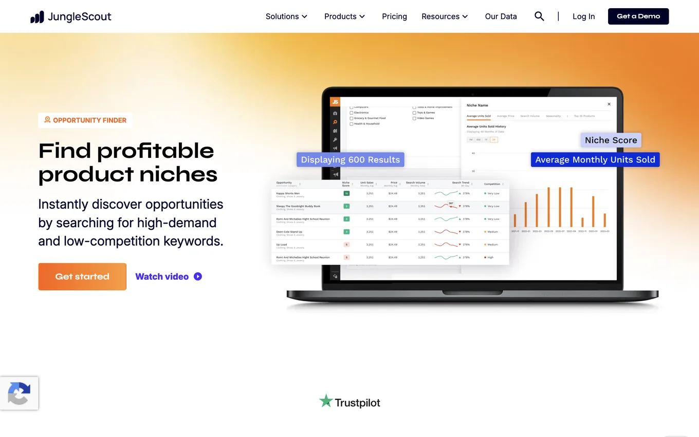 Jungle Scout Opportunity Finder screen: niche name, average monthly sales, search volume, and competition level data