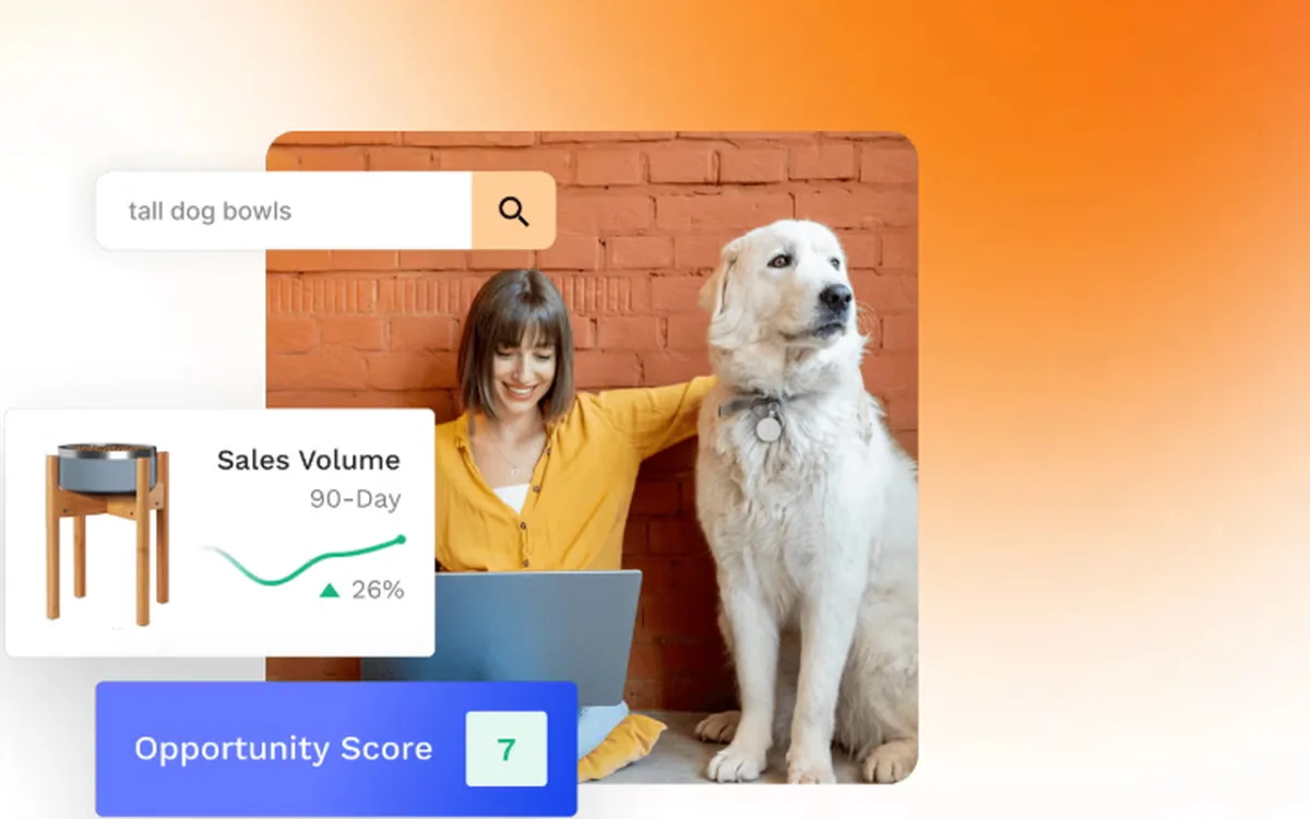 Jungle Scout landing page example showing a sales volume trend and opportunity score for a candidate product