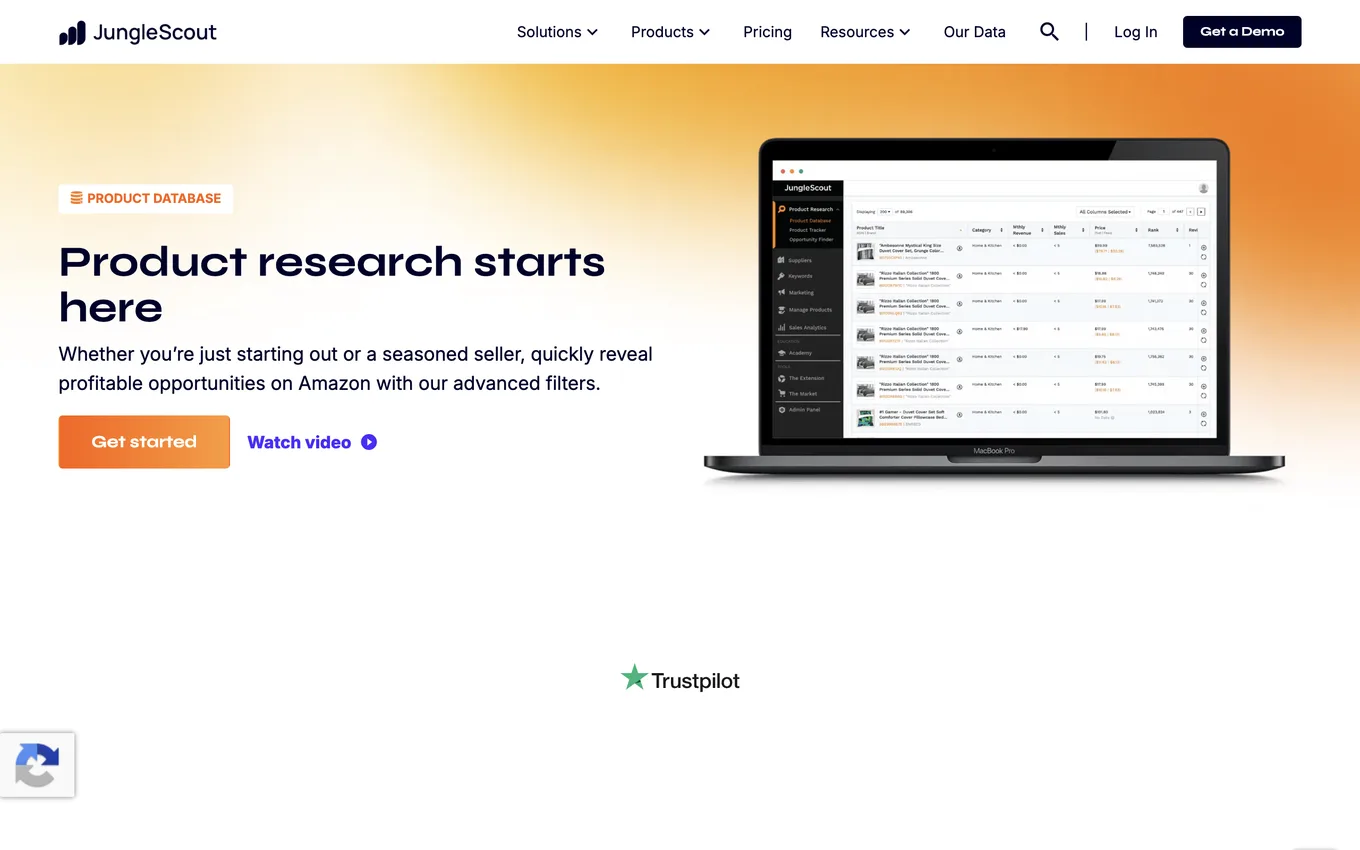 Jungle Scout Product Database screen: product title, category, estimated monthly revenue/sales, and price filters