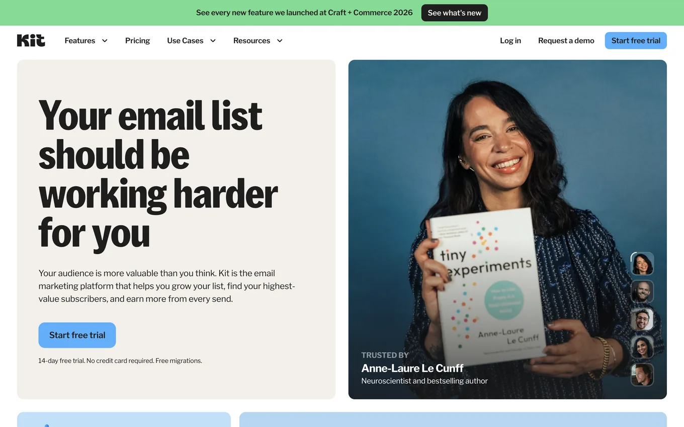 Kit home page presenting the service as an email marketing platform for creators