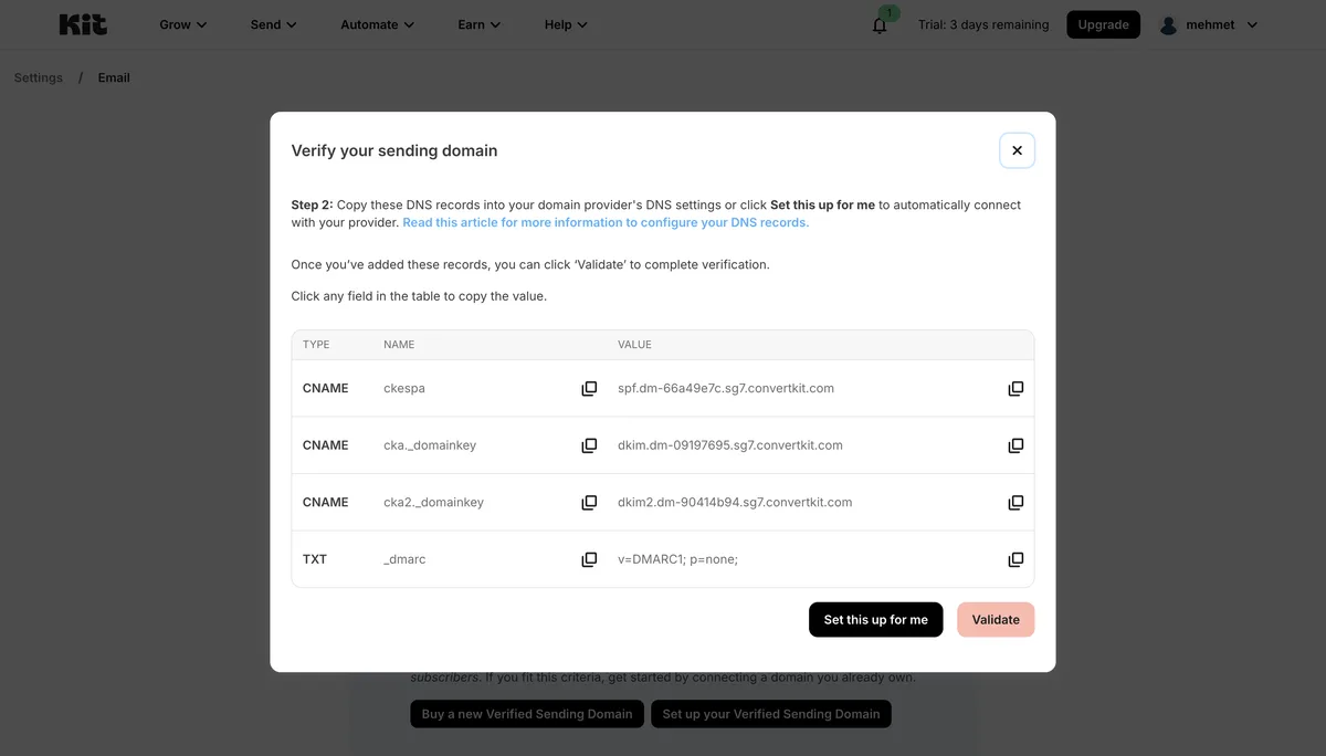Kit sender domain screen listing DNS records for authentication
