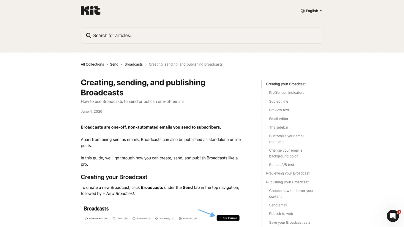Kit Help Center article about creating and sending broadcasts
