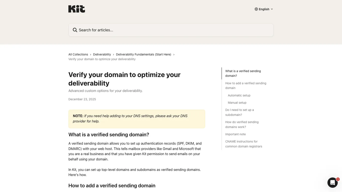 Kit Help Center article about domain verification and deliverability