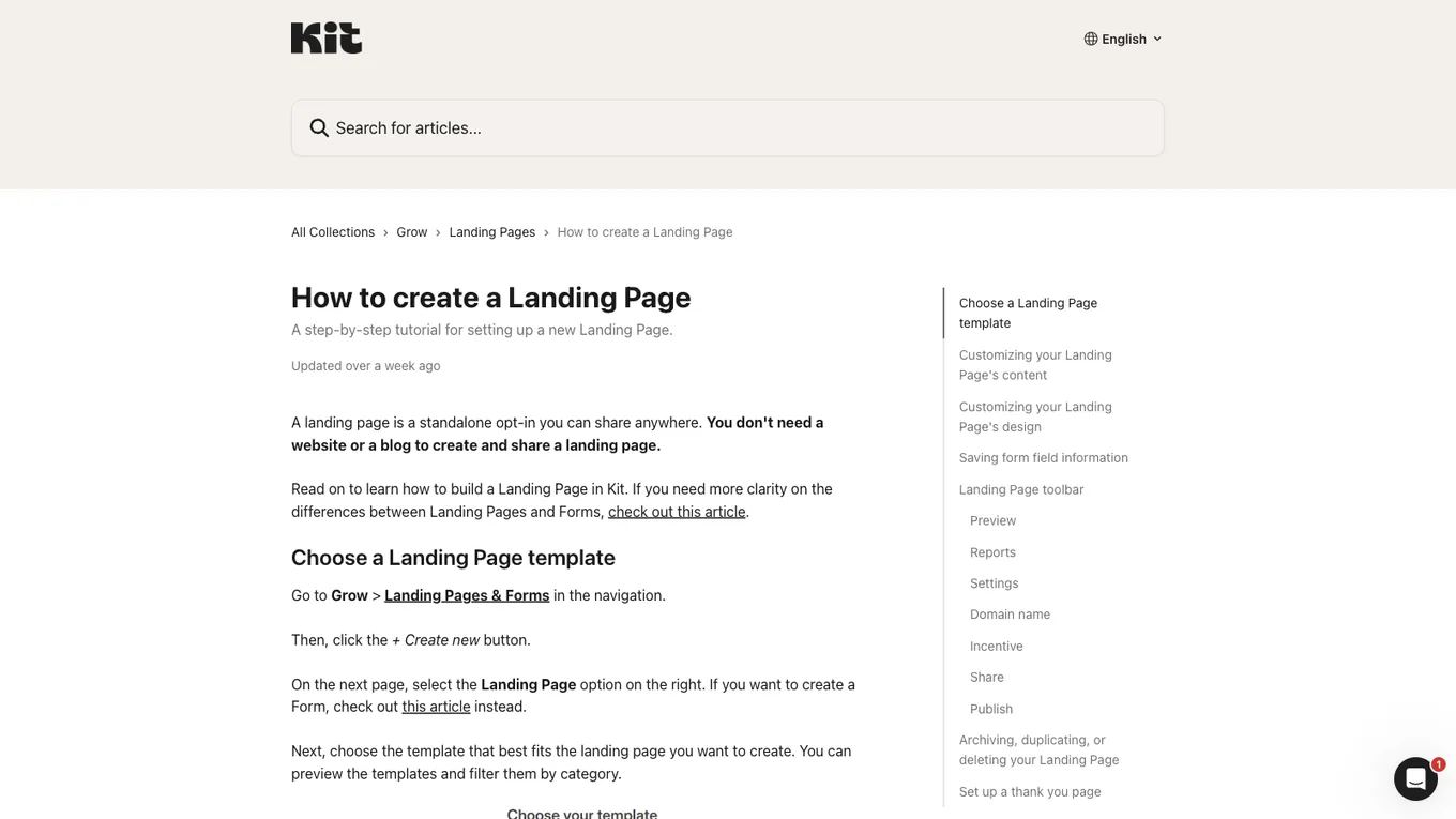 Kit help article explaining how to create a landing page and choose a template
