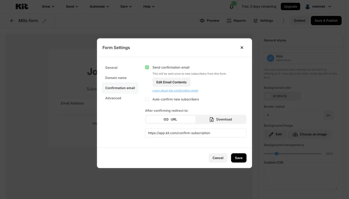 Kit form setting for the confirmation or incentive email
