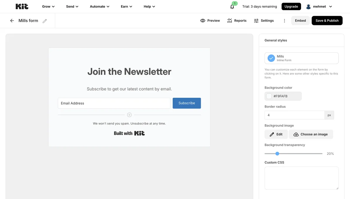 Kit form editor showing a newsletter signup and general style settings
