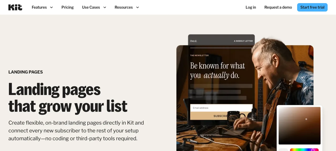 Kit landing page example with an email signup form