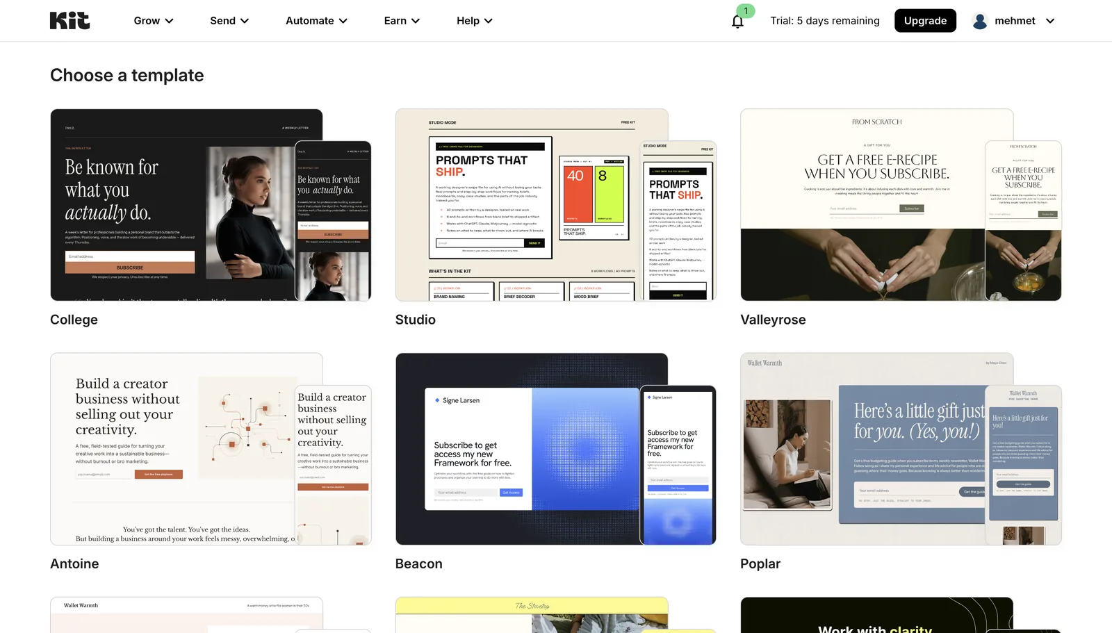 Kit landing page template gallery